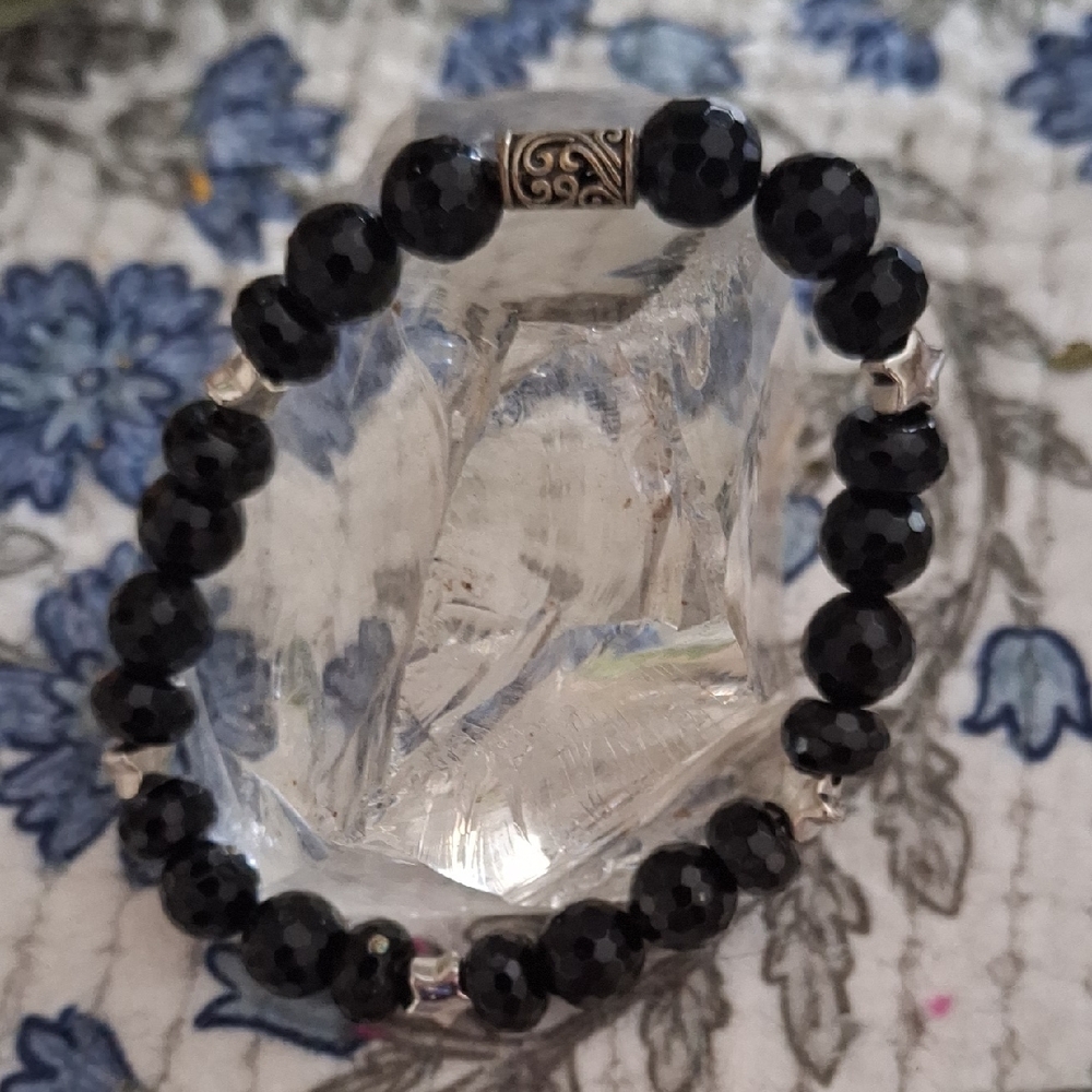 Black Beaded Bracelet with Silver Accents